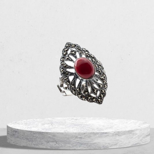 Ring with coral stone and marcasites - Mystic Alchemy 
