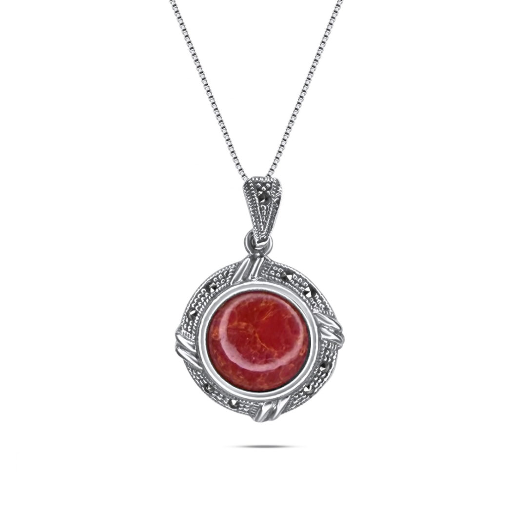 Pendant Necklace with Coral Stone and Marcasites Mystic Alchemy